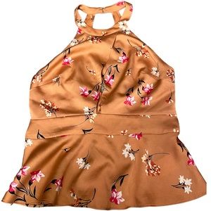 NWT Express Womens Top Orange Peach Peplum Halter Tie Back Keyhole Front